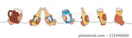 Hands with beer bottles, glass, mugs one line colored continuous drawing. Beer pub products continuous one line illustration. Vector illustration. Hands with beer bottles, glass, mugs one line colored continuous drawing. Beer pub products continuous one line illustration. Vector illustration. 115946990