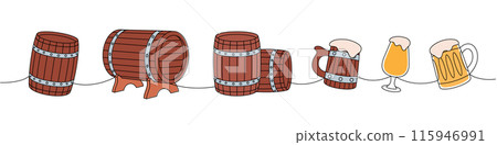 Beer set one line colored continuous drawing. Old wooden barrels, beer mugs continuous one line illustration. Vector linear illustration. Beer set one line colored continuous drawing. Old wooden barrels, beer mugs continuous one line illustration. Vector linear illustration. 115946991