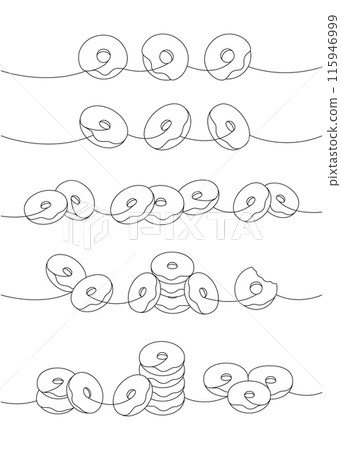 Take away donut set. Delicious donuts one line continuous drawing. Bakery sweet pastry food. Vector linear illustration. 115946999