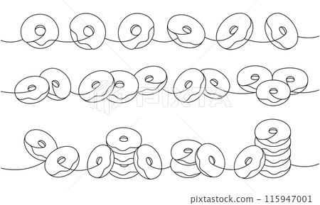 Glazed donut set. Delicious donuts one line continuous drawing. Bakery sweet pastry food. Vector linear illustration. Glazed donut set. Delicious donuts one line continuous drawing. Bakery sweet pastry food. Vector linear illustration. 115947001