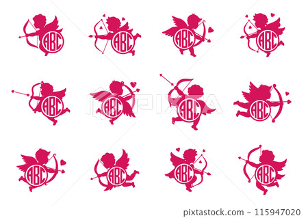 Cupids with monograms. Kids name monogram. Valentine's day. Angel with a wings. Cherubs silhouette. Cupid shooting arrow. Cupids with monograms. Kids name monogram. Valentine's day. Angel with a wings. Cherubs silhouette. Cupid shooting arrow. 115947020