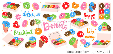 Donuts set. Hand drawn elements for confectionery menu, bakery shop. Glazed doughnuts with sprinkles. Bakery sweet pastry food. Vector illustration. 115947021