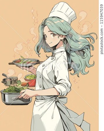 Female chef cooking Female chef cooking 115947039