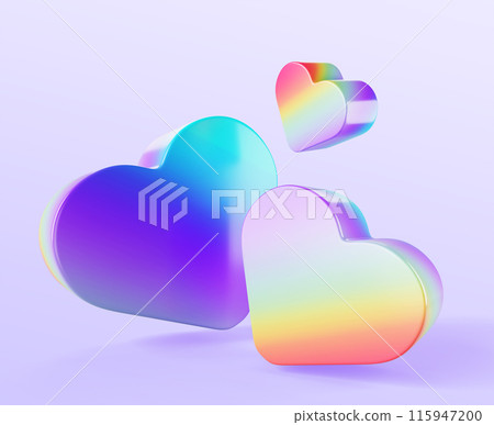 3d holographic iridescent hearts, rainbow love symbols with color neon gradient on purple background render icons. Romantic hologram flying shapes for Valentine, Mother day or wedding. 3D illustration 115947200