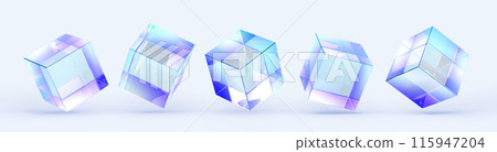 Abstract crystal light holographic glass cube box 3d render icon set. Transparent geometric block shapes with rainbow hologram gradient. Isolated glossy square objects, clear elements. 3D illustration 115947204