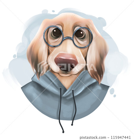 Cute dog illustration. Puppy in blue hoody and glasses. 115947441