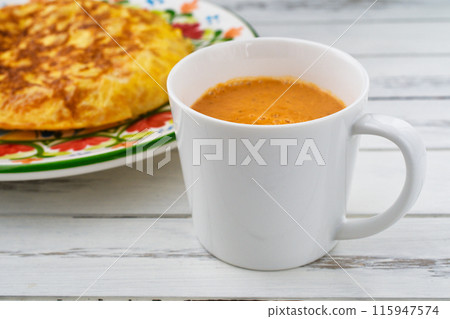 Spanish food tortilla (Spanish omelette) and gazpacho 115947574