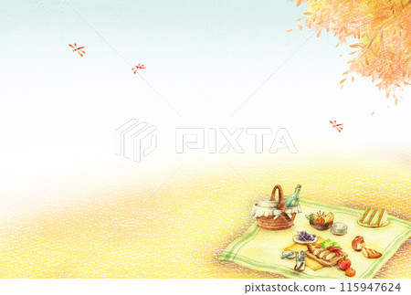 秋田背景與野餐午餐和藍天水平手繪彩色鉛筆圖 115947624