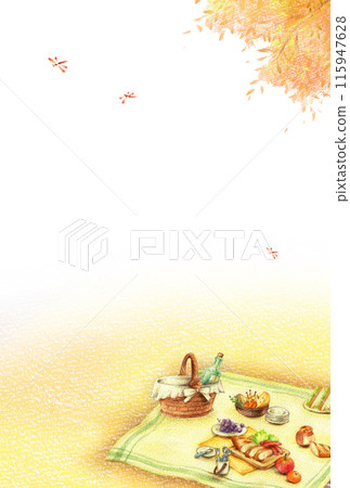 野餐午餐盒與秋田背景垂直手繪彩色鉛筆圖 野餐午餐盒與秋田背景垂直手繪彩色鉛筆圖 115947628