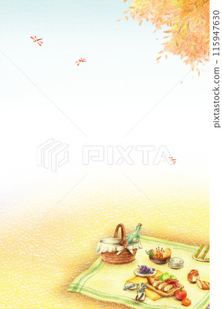 秋田背景，野餐午餐和藍天，垂直手繪彩色鉛筆圖 115947630