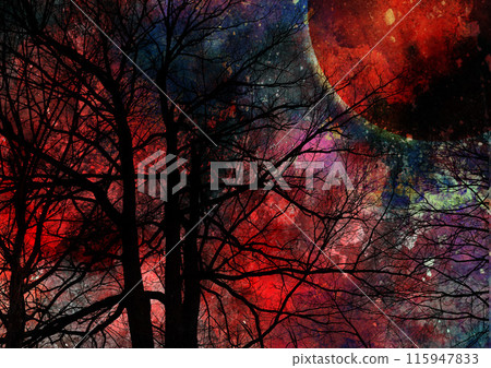 A red, eerie moon floating in the forest at night A red, eerie moon floating in the forest at night 115947833