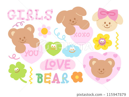 Pastel illustration of teddy bear, puppy, clover leaf, cloud, heart, flowers for animal print, vet, pet shop, zoo, cute patches, plush toy, doll, girls sticker, floral, summer, love sign, valentine Pastel illustration of teddy bear, puppy, clover leaf, cloud, heart, flowers for animal print, vet, pet shop, zoo, cute patches, plush toy, doll, girls sticker, floral, summer, love sign, valentine 115947879