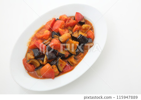 Chinese-style stir-fried eggplant and tomato with miso Chinese-style stir-fried eggplant and tomato with miso 115947889