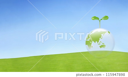 草地和地球上幼葉的橫幅背景。環境保護與生態形象 115947898