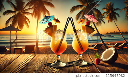 熱帶雞尾酒和日落海灘 熱帶雞尾酒和日落海灘 115947982
