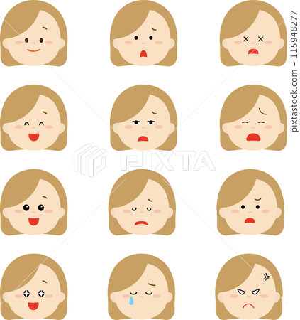 Illustration set of girls' faces with various expressions Illustration set of girls' faces with various expressions 115948277