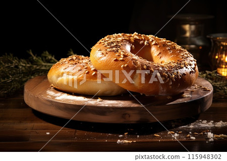 Freshly Baked Bagels with Seeds on Wooden Board 115948302