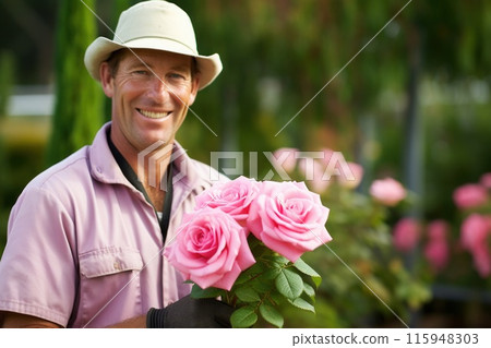 Happy Gardener Holding Pink Roses in Blooming Garden 115948303