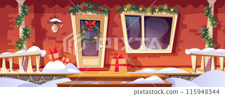 House facade with porch decorated for Christmas House facade with porch decorated for Christmas 115948344