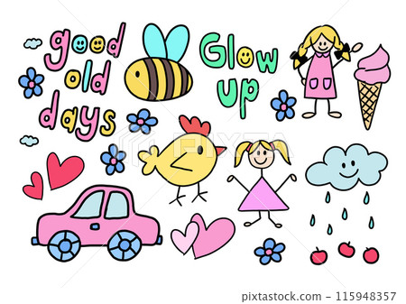 Hand drawn good old days elements of ice cream cone, bird, flower, girls, fruit, heart, car, bee, cloud, rain for spring, summer, picnic, nature, garden, cute patches, sticker, shirt print, logo, icon Hand drawn good old days elements of ice cream cone, bird, flower, girls, fruit, heart, car, bee, cloud, rain for spring, summer, picnic, nature, garden, cute patches, sticker, shirt print, logo, icon 115948357