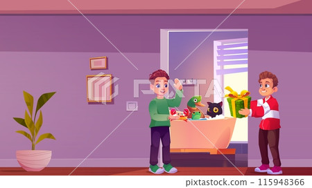 Cat grooming in bathtub. Children hold gift box Cat grooming in bathtub. Children hold gift box 115948366