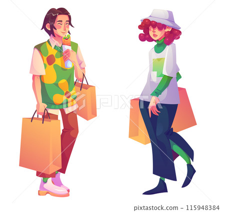 Woman shop with bag. Supermarket character vector 115948384