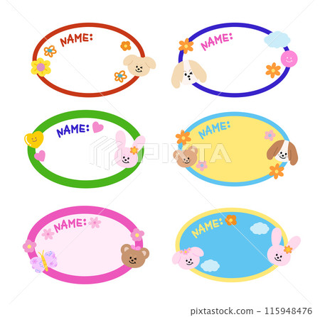 Various designs of cute name tags with puppy, bunny, teddy bear, heart, flower, butterfly for back to school, sticker, card, print, masking tape, social media, decorations, memo, sticky note, animal 115948476