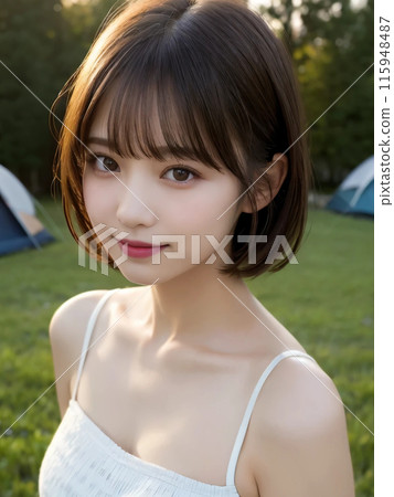 A short-haired woman smiling gently at a campsite 115948487