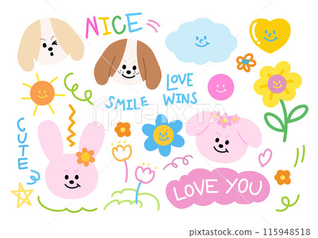 Pastel illustrations of puppy, bunny, cloud, heart, flowers, sun, star, doodles for animal icon, logo, sticker, easter, zoo, adopt pet, vet, cartoon character, comic, mascot, cute patches, valentine 115948518