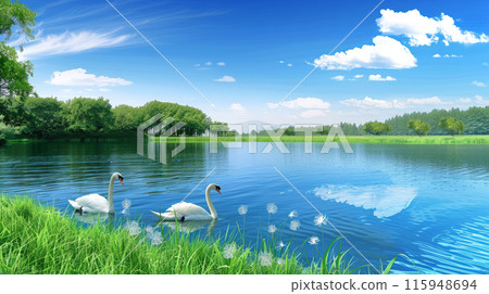 Tranquil Elegance: Swans on the Lake. Generative AI	 115948694
