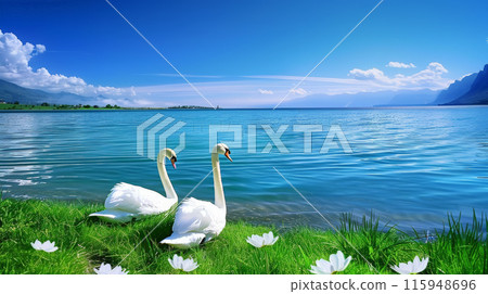 Tranquil Elegance: Swans on the Lake. Generative AI Tranquil Elegance: Swans on the Lake. Generative AI 115948696