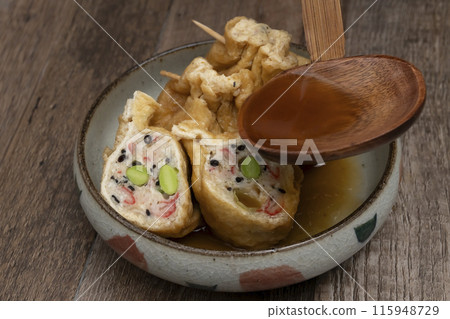 Gomoku Kinchaku stew, served on a plate Gomoku Kinchaku stew, served on a plate 115948729