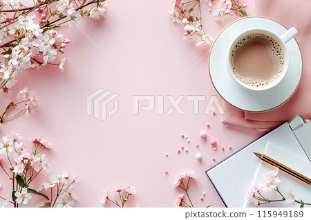 Flat lay white cup with coffee sits on a table next to a notebook and a bunch of pink flowers. Concept of relaxation and comfort with copy space 115949189