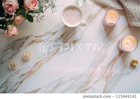 Flat lay table with a white marble top and a vase of pink roses, cup of coffee, candles with copy space 115949191