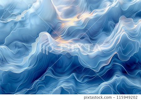 Blue and white image of a wave with a lot of detail. The image is abstract and has a calming effect 115949202