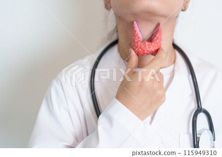 Doctor with human Thyroid anatomy model. Hyperthyroidism, Hypothyroidism, Hashimoto Thyroiditis, Thyroid Tumor and Cancer, Postpartum, Papillary Carcinoma and Health concept 115949310