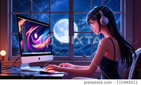 Woman working on a PC 115949311