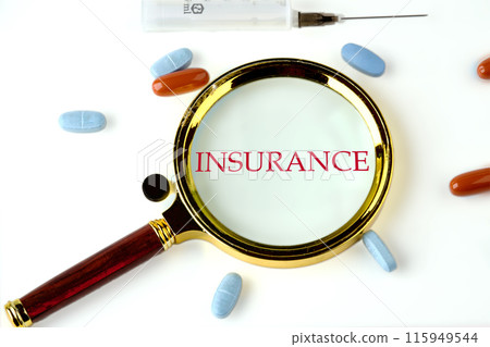 INSURANCE or risk business concept. INSURANCE word written through a magnifying glass on a white background 115949544