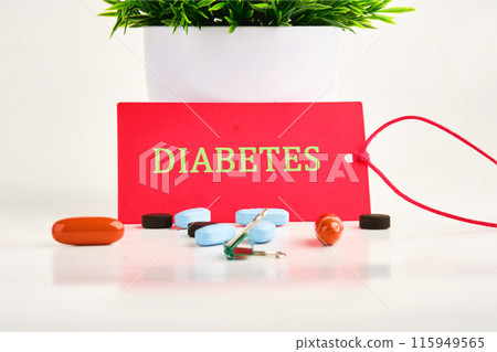 Medicine, diabetes, glycemia, health care concept. DIABETES written on a red card on a white background with pills, vitamins in the foreground 115949565
