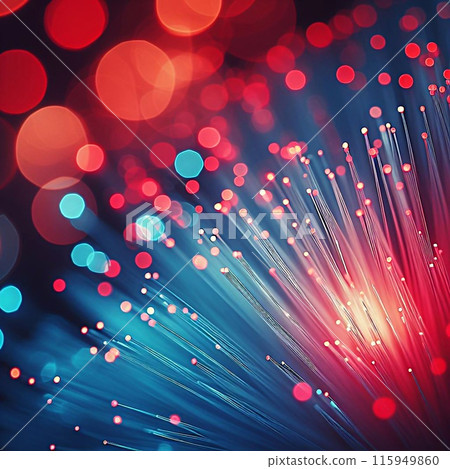 Illuminated fiber optic cables close-up bokeh effect vibrant abstract visual 115949860
