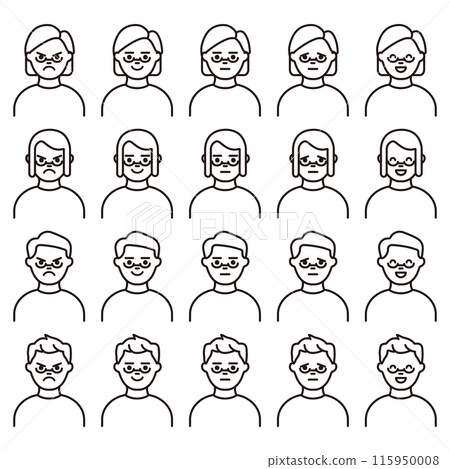 一組頭像圖標，其中有戴眼鏡的人的男性和女性面部表情模式 115950008
