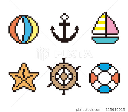 Summer image icon set, sea, pixel art 115950015