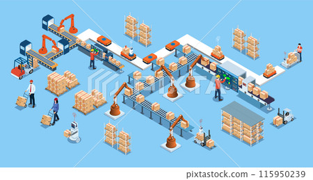 Automated warehouse robotic and autonomous robot transportation service concept with Automated Guided Vehicles (AGVs) and Autonomous Mobile Robots (AMRs). Vector illustration EPS 10 115950239