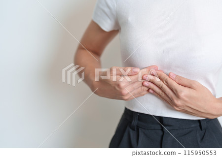 Woman having liver pain. Liver cancer and Tumor, Jaundice, Viral Hepatitis A, B, C, D, E, Cirrhosis, Failure, Enlarged, Hepatic Encephalopathy, Ascites Fluid in Belly and health 115950553