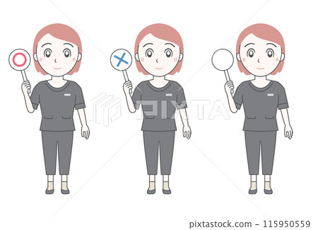 Aesthetician holding a true or false card (full body, one hand) 115950559