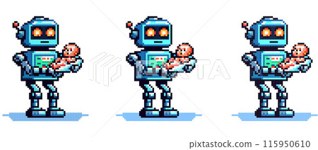 A pixelated illustration of a caring robot holding a baby, symbolizing futuristic child care and the caring side of technology. A pixelated illustration of a caring robot holding a baby, symbolizing futuristic child care and the caring side of technology. 115950610