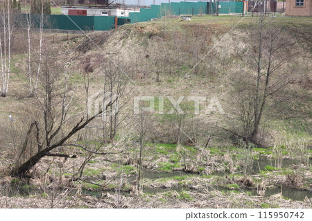 Early spring landscape with a small wild river, bare trees, reflections in the water, dry grass  115950742