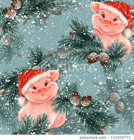Christmas seamless pattern with white piglets and fir branches. Winter holiday background. 115950771