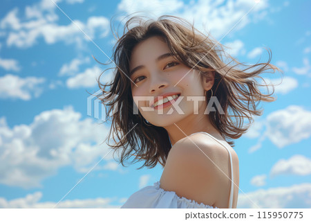 Portrait of a young Asian woman looking back with blue sky 115950775