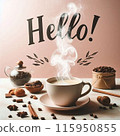 一個杯子，裡面有咖啡豆和咖啡以及拿鐵咖啡 115950855